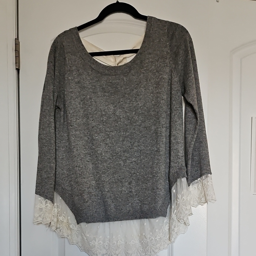 Gray Sweater with Lace Hem
